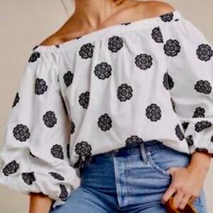 Anthropologie Maeve White & Black Puff Sleeve Blouse